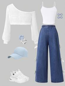 SHEIN ChillGRL 3pcs Girls Bow Strap Top With Cutout Shoulder Design And Bowknot Wide Leg Pants, Suitable For Outing And Travel In Early Autumn - Blue - View 2