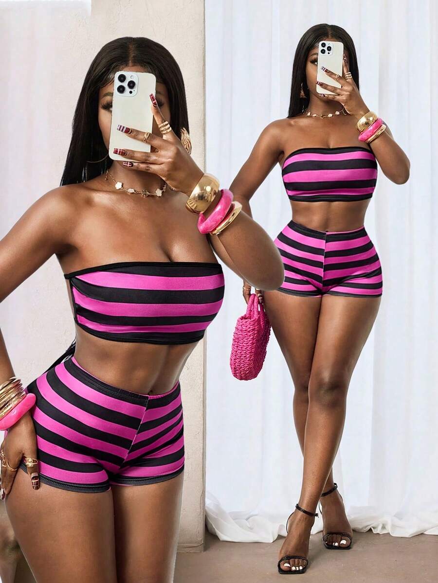 BamGleam Seksowny damski komplet wakacyjny z kontrastowym nadrukiem w paski, dopasowany, krótki top typu bandeau i szorty, 2 sztuki - Wielokolorowe - Zobacz 1