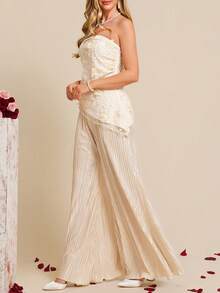 Amorya Bộ đồ nữ thanh lịch mới gồm áo quây và quần ống rộng xếp ly, thích hợp cho buổi hẹn hò ngày Valentine. - Màu be - Xem 6