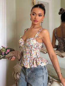 Glamine Charm Áo tank top nữ gợi cảm và ngọt ngào, in họa tiết, gọng nâng ngực, kiểu xương cá, bèo nhún, chi tiết buộc dây. - Nhiều màu - Xem 7