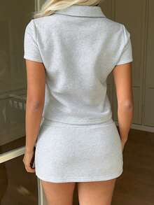 CovetEZ Women's Collared Button Half-Placket Embroidered Graphic Short Sleeve Top And Skirt Pants 2-Piece Casual Everyday Set - Grey - View 3