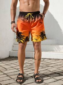 VIVINTIMO Men's Palm Tree Printed Beach Shorts,Hawaiian - Yellow - View 4