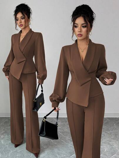 Elenzga 女士优雅休闲通勤度假下午茶聚会纯色不对称交叉领西装外套，灯笼袖搭配松紧腰喇叭裤，适合春、秋、冬季穿着。