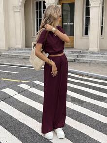 Serisse 蝙蝠袖露脐上衣和抽绳腰裤，纹理面料两件套 - 中紫紅色 - 查看 4