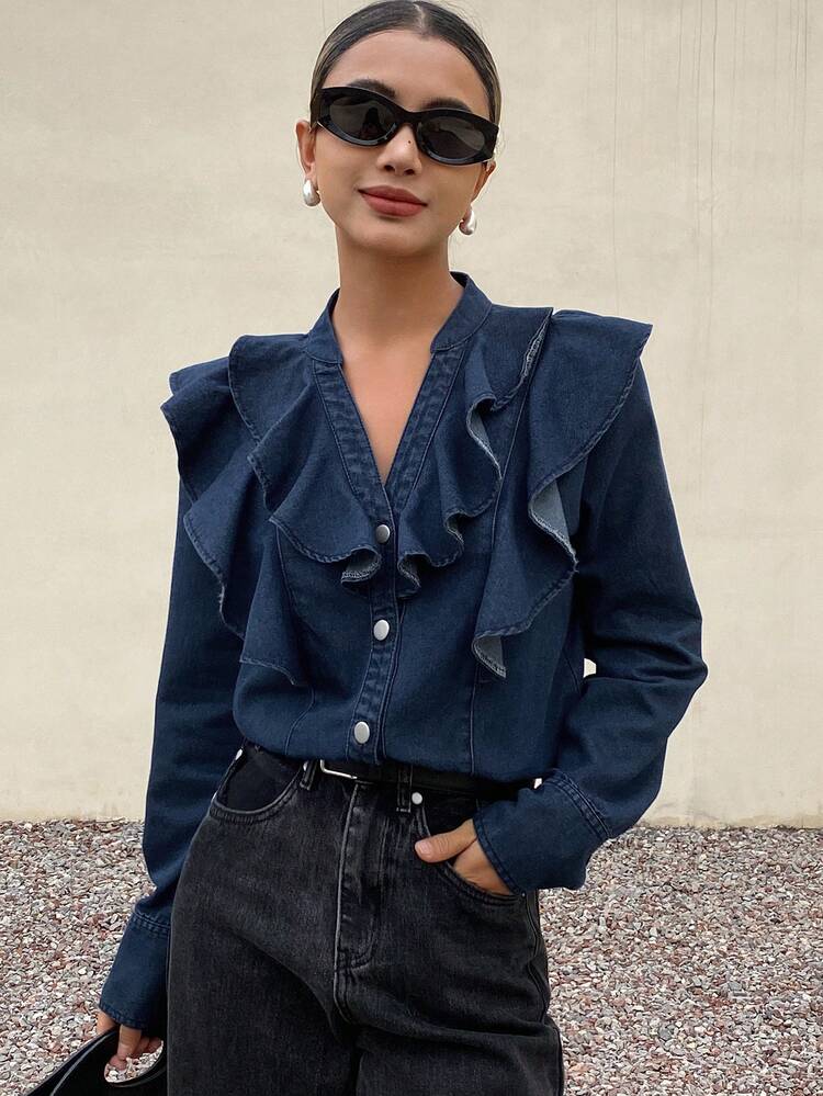 Women's Casual V-Neck Ruffled Denim Blouse