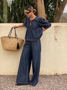 DAZY 系领泡泡袖荷叶边牛仔上衣和阔腿牛仔裤 - 藍色 - 查看 6