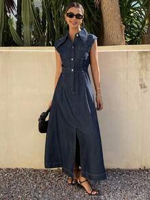 Livesso 女士无袖翻领收腰纯色牛仔连衣裙 - 藍色 - 查看 7