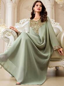 Al Najma 女士优雅派对长裙，V领亮片拼接宽松阿拉伯传统长袍 - 薄荷綠 - 查看 1