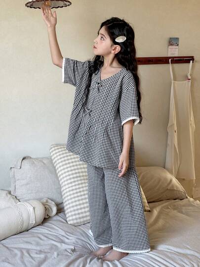 DAZY Tween Girl V-Neck Plaid Bow Decor Short Sleeve Top And Wide Leg Pants Casual Loungewear Pajama Set