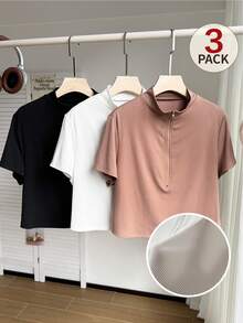 SHEIN EZwear 3 chiếc áo thun ngắn tay cổ đứng màu trơn, dáng suông, thời trang, đa năng dành cho nữ, thích hợp đi nghỉ mát. - Nhiều màu - Xem 10