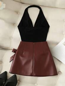 Franclia 夏季新款针织性感露脐吊带上衣 + 独特系带紧身迷你裙套装 - 彩色 - 查看 2