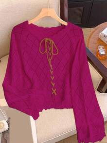 Franclia Blogger-Inspired Stylish Colorblock Lace-Up Hollow Floral Fringe Pullover Sweater, European & American New Arrival - Hot Pink - View 7