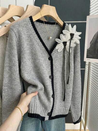 SHEIN Franclia Early Spring New Casual Chic 3D Floral Decor Contrast Trim V-Neck Loose Fit Long Sleeve Cardigan Sweater