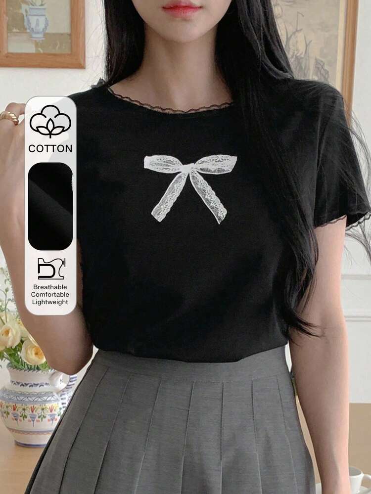 Lace Floral Bowknot Pattern Printed Round Neck Short Sleeve Women's T-Shirt Summer Cute Tops