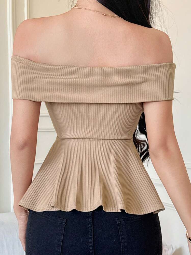 Women's Elegant Solid Color Off-Shoulder Cinched Waist T-Shirt, Summer Going Out Tops Women