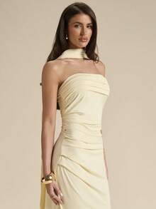 SHEIN BAE Women's Simple Elegant Solid Color Pleated Dress, Summer ,Summer Dress,Elegant Dress - Light Yellow - View 7