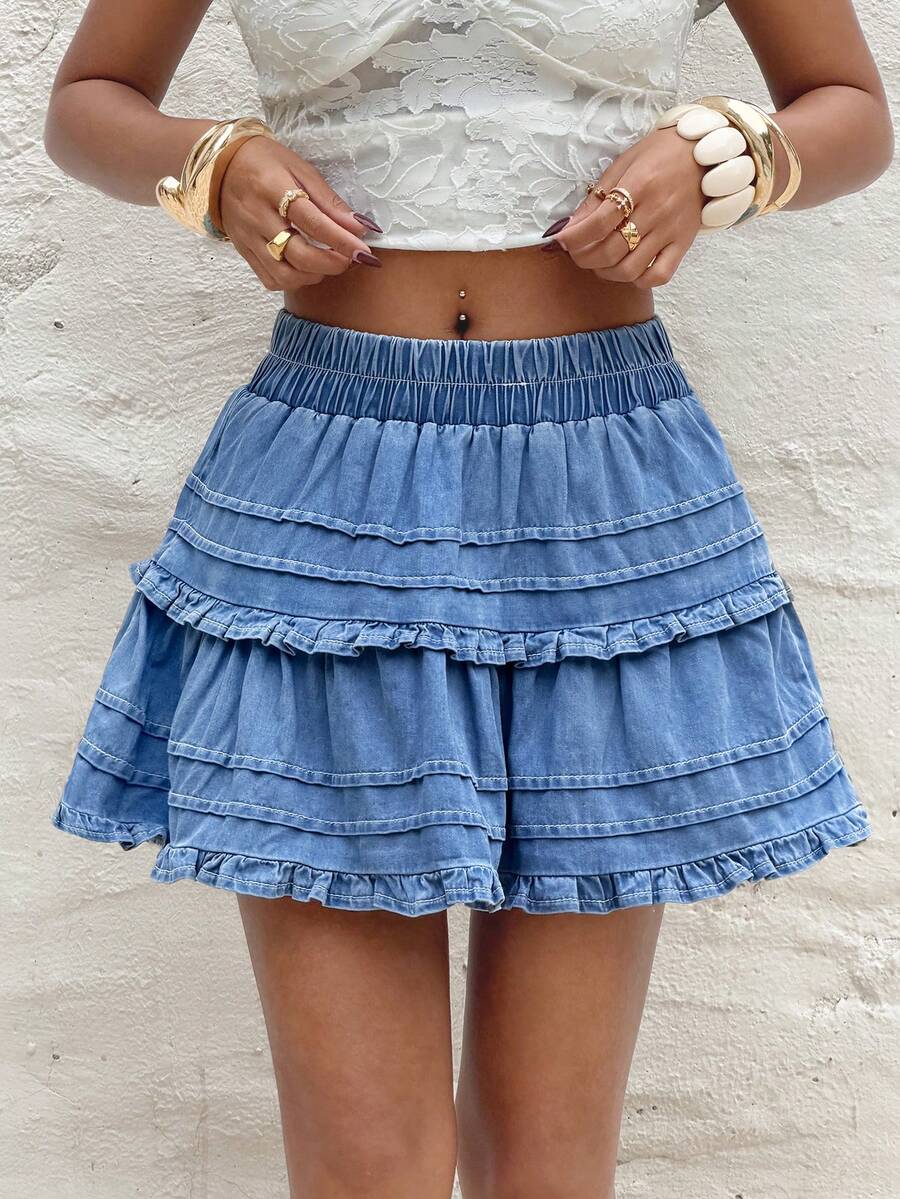 Sunnyshic Women's Elastic Waist Double-Layer Frill Trim Casual Denim Skirt - Light Wash - View 1