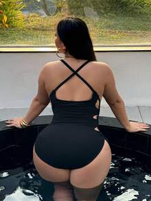 SHEIN Swim SXY Plus Size One-Piece Swimsuit, Hollow Out Drawstring Side Strap Sexy Camisole, Summer Beach - Black - View 2