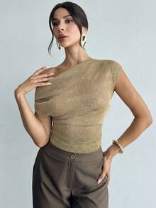 Firerie 女士优雅浪漫约会度假休闲通勤百搭卡其色亮片提花不对称领连体衣，夏季套装 - 卡其色 - 查看 7