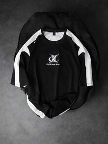 GENIUS ODE 男士街头风运动数字印花图案T恤，平针织面料 - 黑色 - 查看 2