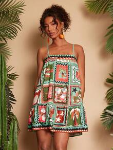 Travachic 女士度假棕榈树豹纹荷叶边吊带连衣裙，热带印花连衣裙，度假连衣裙，非洲印花连衣裙，丛林印花连衣裙，棕榈树连衣裙，绿色动物纹连衣裙，度假装，休闲女装，秋季女装，时尚秋季装，外出装，优雅装，乡村风女装，派对装，新年装，婚礼宾客装，优雅毕业装，奢华舞会礼服 - 彩色 - 查看 3