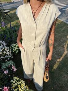 DAZY 女士条纹单排扣背心和裤子休闲两件套 - 卡其色 - 查看 7