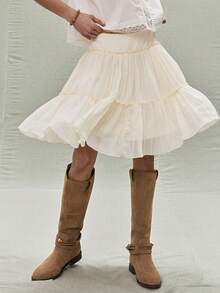 SoleilVie 女士百褶舒适优雅飘逸半身裙 - 杏色 - 查看 1