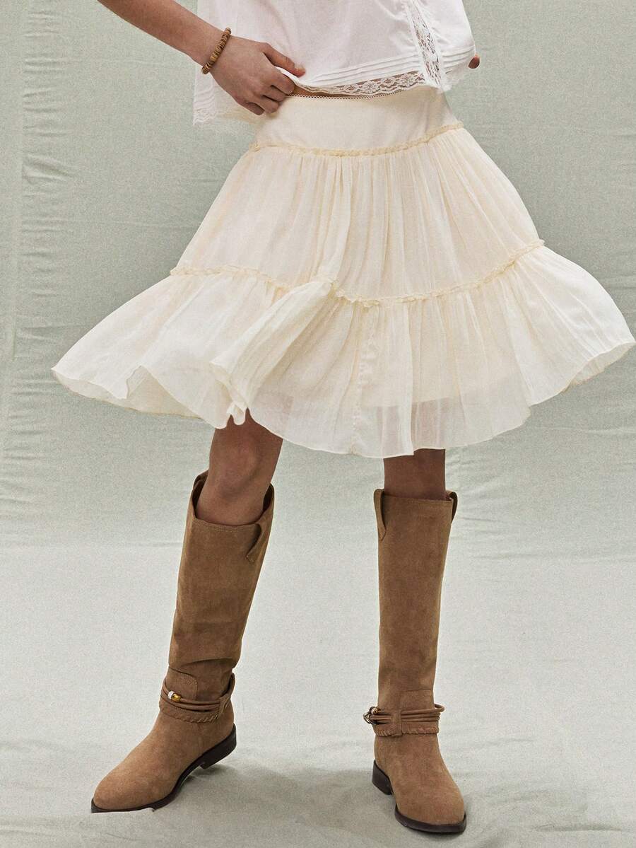 SoleilVie 女士百褶舒适优雅飘逸半身裙 - 杏色 - 查看 1