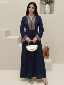 Al Najma Women's Notched Neck Belted Applique Elegant Long Sleeve Arabic Dress - Navy Blue - View 2