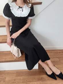 FRIFUL 女士优雅撞色荷叶边泡泡袖收腰连衣裙，夏季婚礼宾客礼服 - 黑色 - 查看 2