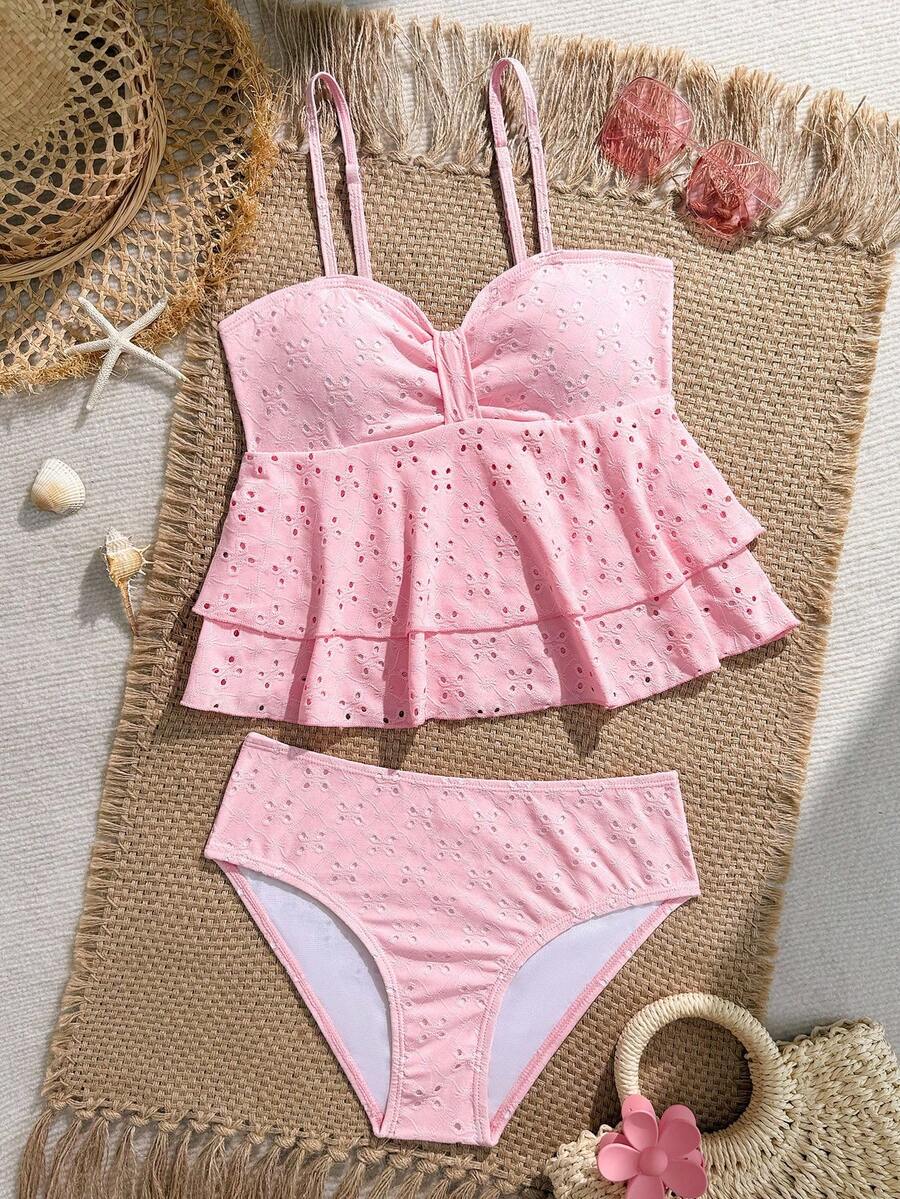 SHEIN Teen Girls Tankinis Teenage (Girls) Bikini With A Halter Top, Cartoon Multi-Color Pink Jacquard Cutout Halter Top, Knitted Fabric Top, Halter Top, Lace Hem, Two-Piece Set, Two-Piece Top + Triangle Pants, Fashionable, Casual, Exquisite, Elegant And Ladylike, Suitable For Swimming, Suitable For Summer Vacation, Summer Beach, Seaside, Swimming Pool, Summer Party, Leisure Vacation Modest Swimwear Girls Beach Outfit Girls Teen Girl Matching Bathing Suits Matching Swimwears Swimwears Pink Teen - Pink - View 1