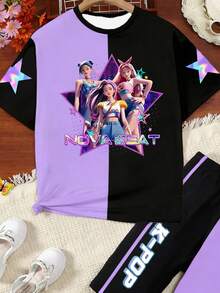 少女数码印花短袖打底裤套装，休闲舒适的春夏装，时尚百搭，适合户外活动、野餐、街头摄影、居家、上学、节日等场合，也是馈赠佳品。 - 彩色 - 查看 4