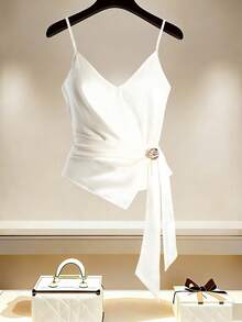 GlowEve White Satin Twist Knot Metal Buckle Camisole V-Neck Waist Cinched Slim Fit Layering Camisole, Elegant For Commute And Date - Champagne - View 7