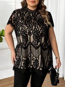 SHEIN CURVE+ 大码优雅蕾丝拼接雪纺衬衫 - 黑色 - 查看 5
