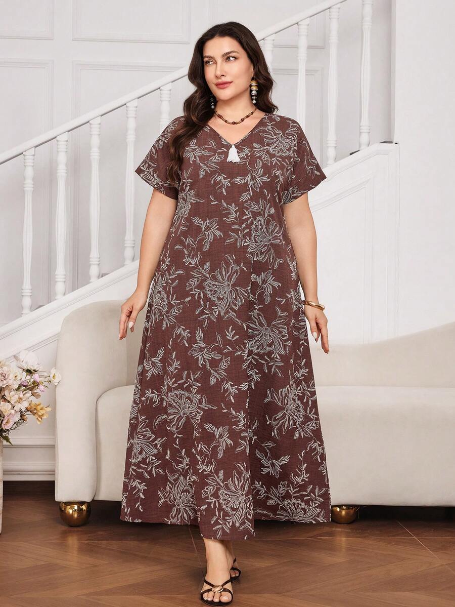 Al Najma Plus Size Short Sleeve Printed Fringe Long Casual Turkish Maxi Dress, Arabic Traditional Style - Coffee Brown - View 1