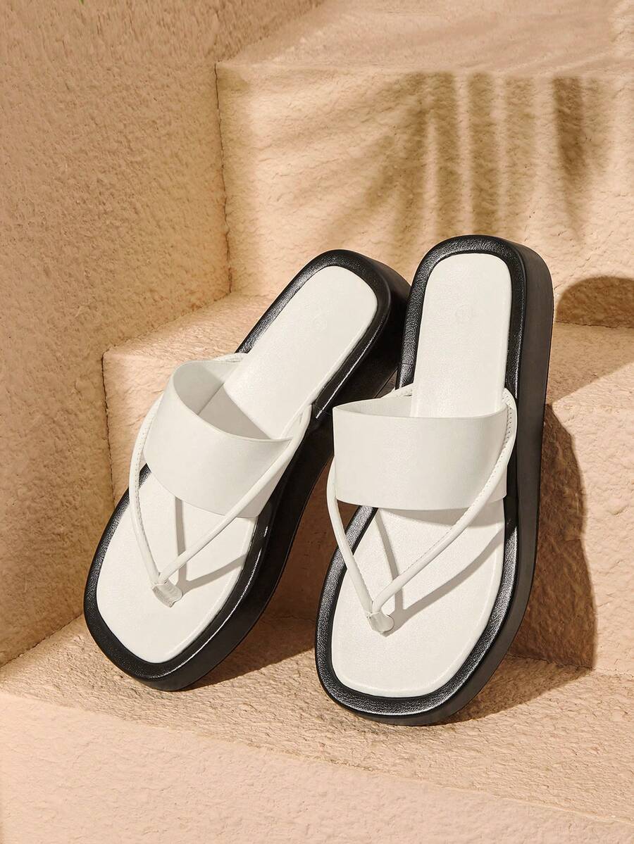 HighSole Sandal Selop Wanita, Desain Tali Minimalis, Ujung Persegi, Platform, Warna Aprikot, Lembut & Nyaman, Anti Selip, Cocok Untuk Sehari-hari, Bepergian, Berbelanja, Pantai, Liburan, Pakaian Musim Panas Serbaguna - Putih - View 1