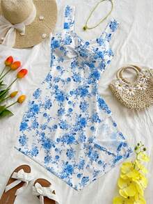 Soleia Blue White Floral Twist Midi Dress - Elegant Summer Vacation & Wedding Guest Outfit - Multicolor - View 4