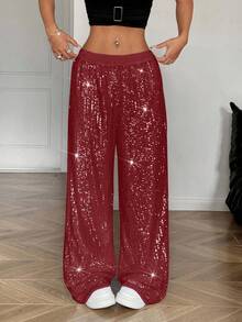 SHEIN Tall CURVE 大码女式纯色弹力腰阔腿亮片宽松裤 - 紅色 - 查看 3