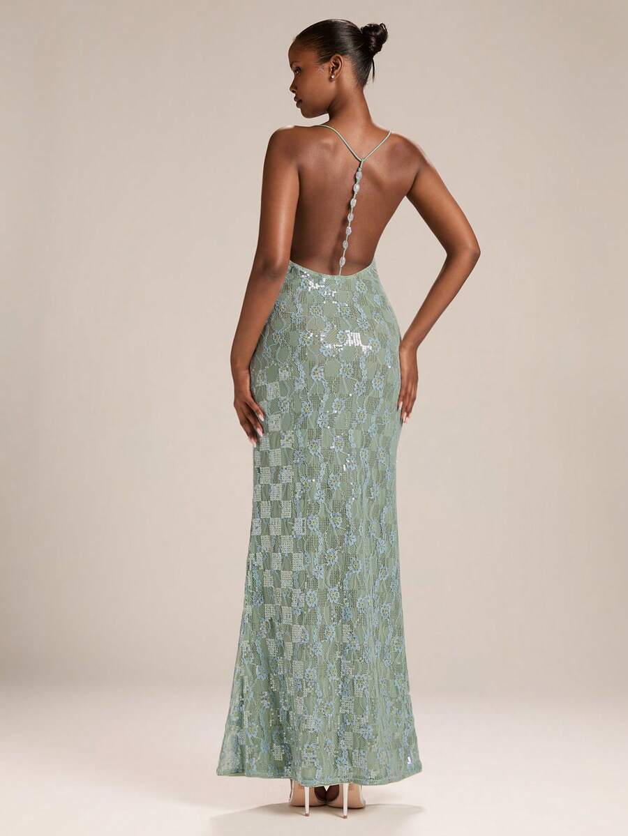 SHEIN BAE Women's Sheer Sequin Lace V-Neck Beaded Spaghetti Strap Mermaid Dress, Suitable For Valentine's Day, Party, Romantic Date, Bridesmaid, Prom, Birthday - Green - View 1