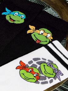 TEENAGE MUTANT NINJA TURTLES | SHEIN 2双装柔软透气吸湿休闲条纹中筒袜，时尚可爱卡通黑白学院风船袜，加固袜头和袜跟，经久耐穿，男女通用，四季皆宜，夏季冬季百搭图案袜 - 彩色 - 查看 3