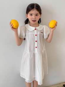 DAZY Young Girl Peter Pan Collar Short Puff Sleeve Button Design Cute Dress - Beige - View 6