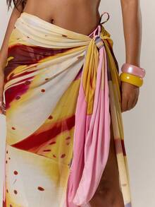 Musera Resort 网纱透视花卉印花系带长款沙滩裙罩衫泳装度假夏季波西米亚风可爱性感简约优雅披肩休闲沙滩裹裙旅行日常花卉派对 - 粉色 - 查看 5