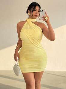 Firerie 大码女士优雅简约性感浪漫假日派对情人节约会生日派对度假垂褶皱紧身迷你连衣裙 - 淡黃色 - 查看 6