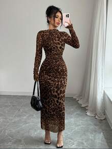 SHEIN Tall Women's Brown Leopard Print Elastic Mesh Ruched Bodycon Dress, Fashionable And Elegant For Spring/Summer - Brown - View 1