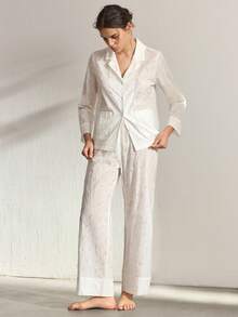 Ocili 女士舒适纯棉睡衣套装，翻领设计，纽扣前襟，刺绣图案，长袖上衣和裤子。 - 白色 - 查看 4