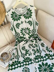 GlowEve Women's Vacation Style Placement Print Round Neck Sleeveless Waist Tie A-Line Dress - Multicolor - View 9