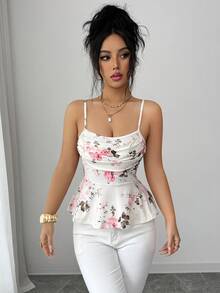 Top de tirantes con volantes y estampado de rosas, ideal para vacaciones de verano - Multicolor - Ver 2