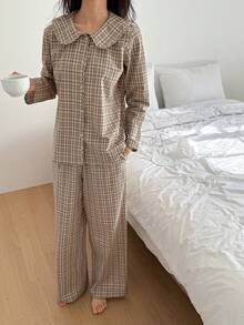 DAZY 可爱格子领女士睡衣套装 - 卡其色 - 查看 6