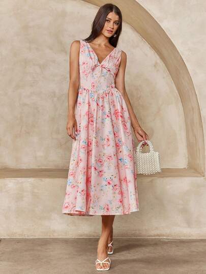 Enchnt Women's Floral Print V-Neck Casual Sleeveless Mid-Length Dress