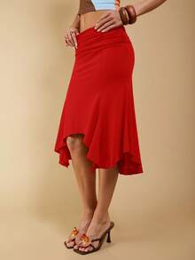 COSMINA 女士优雅不对称褶皱棕色半身裙，适合春夏度假穿着 - 紅色 - 查看 5